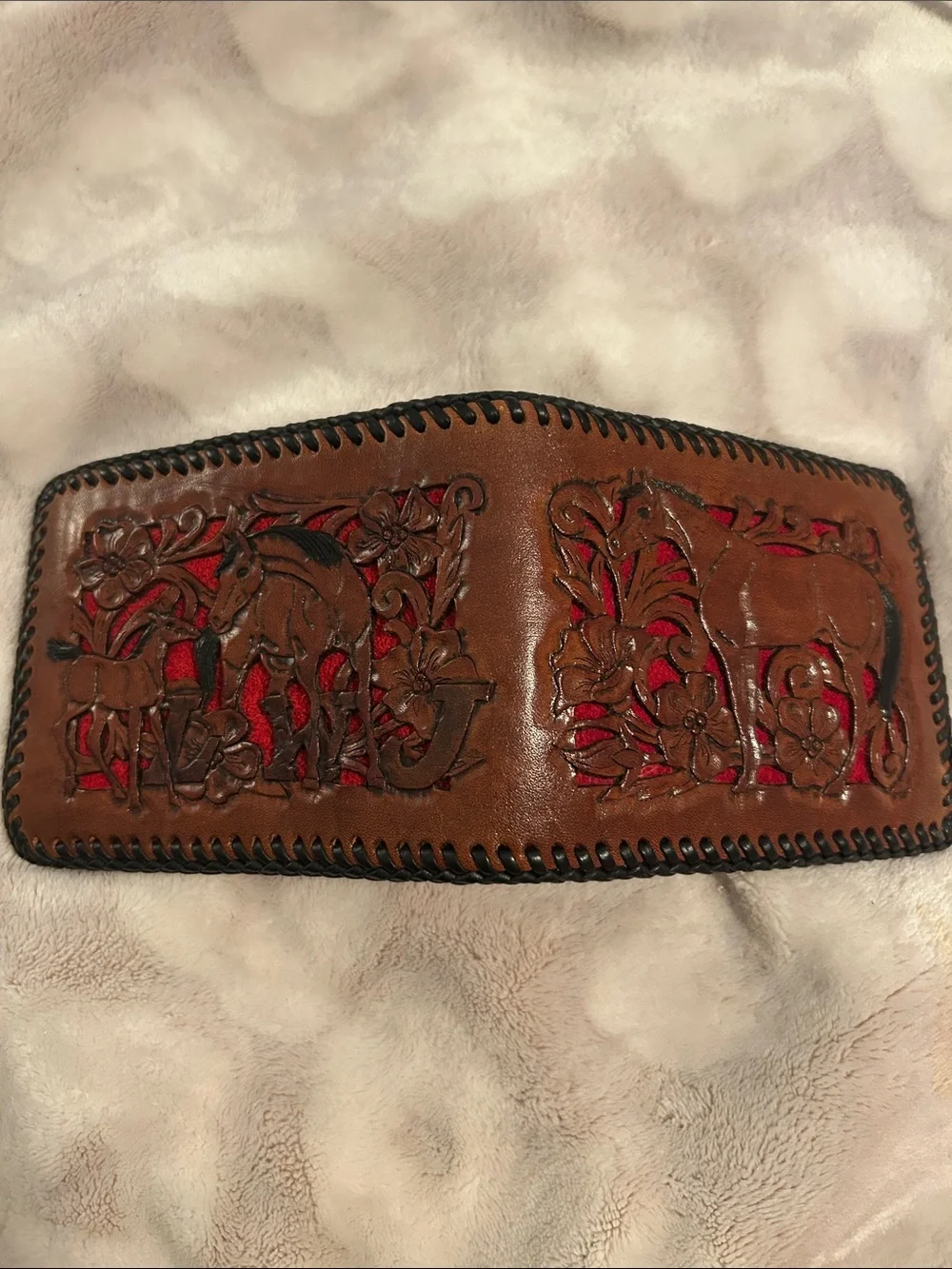 Handcrafted Tooled Leather Horse Bifold Wallet in Brown & Red